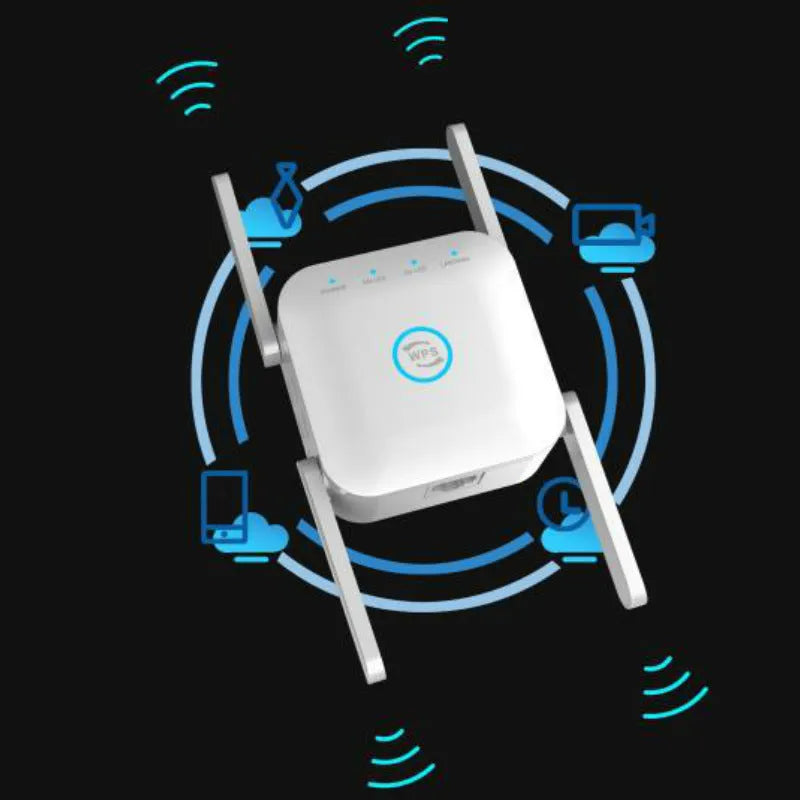 PIXLINK AC24 white and black dual-band wireless WiFi extender and router unit.