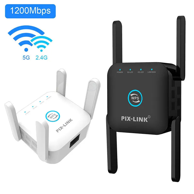 PIXLINK AC24 white and black dual-band wireless WiFi extender and router unit.