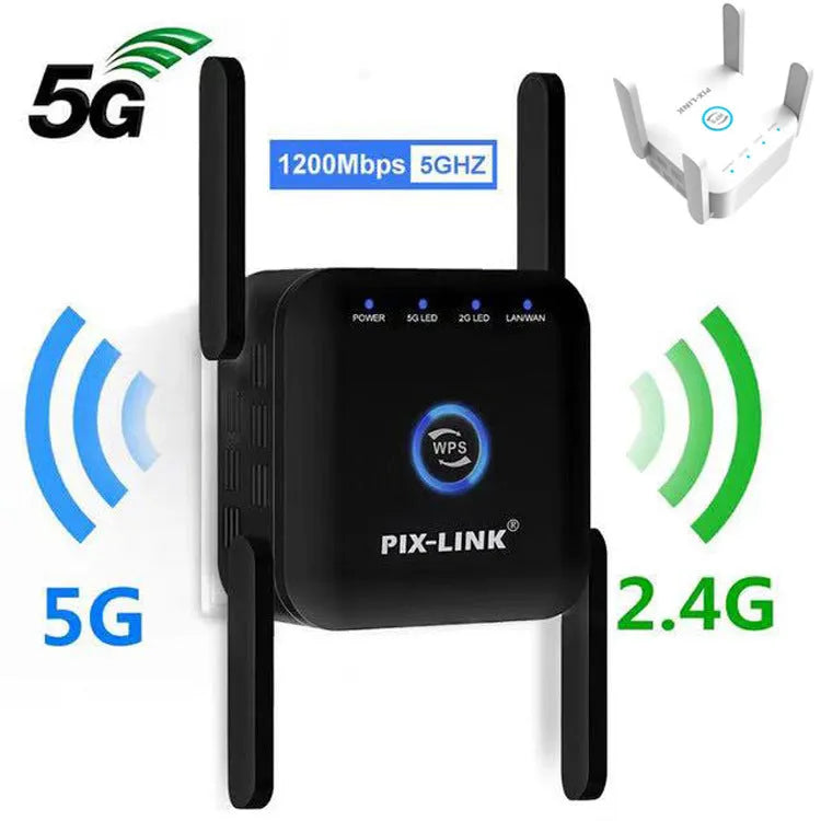 PIXLINK AC24 white and black dual-band wireless WiFi extender and router unit.