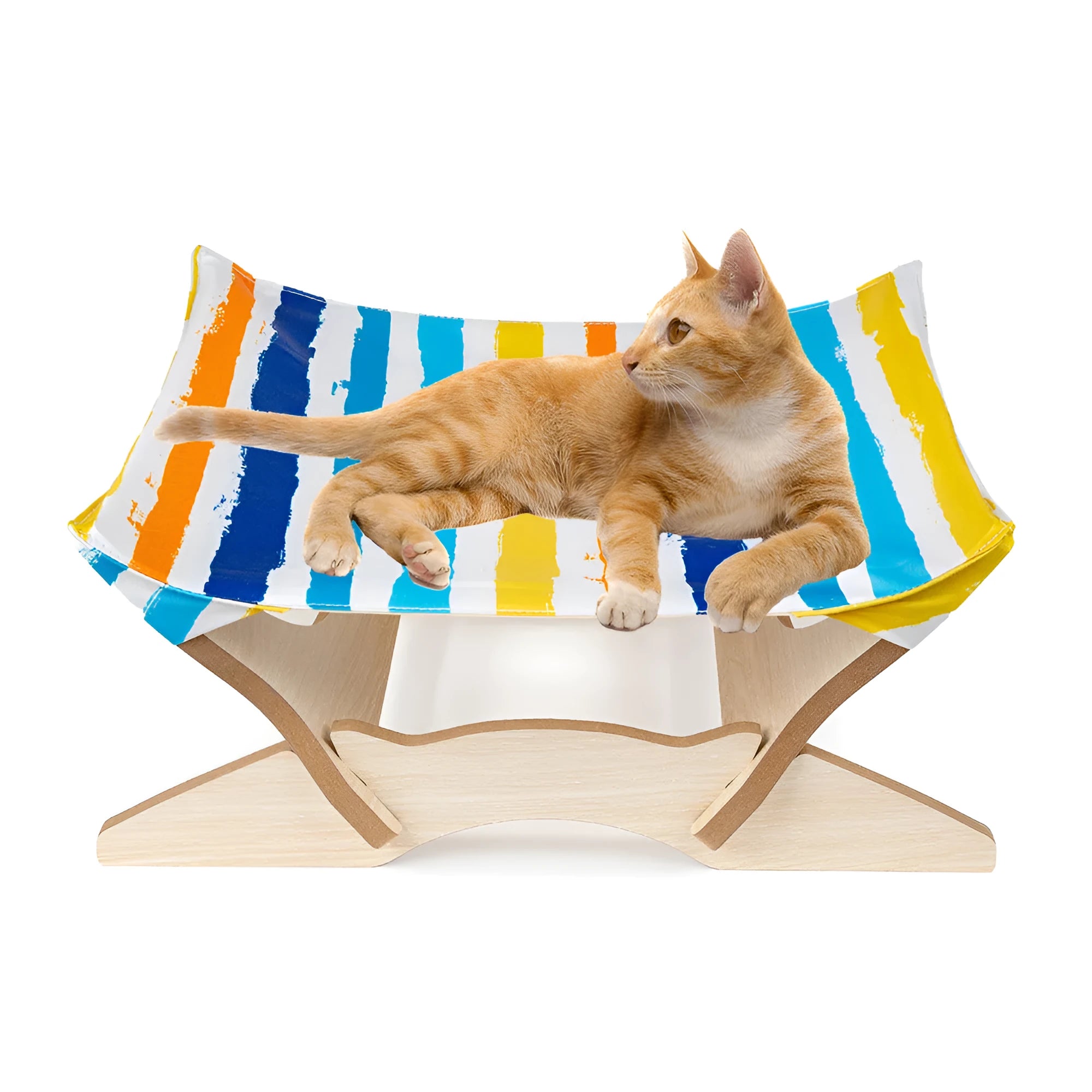 Pet wooden cat hammock with Passion Stripe cloth cover on a natural wood frame for indoor use