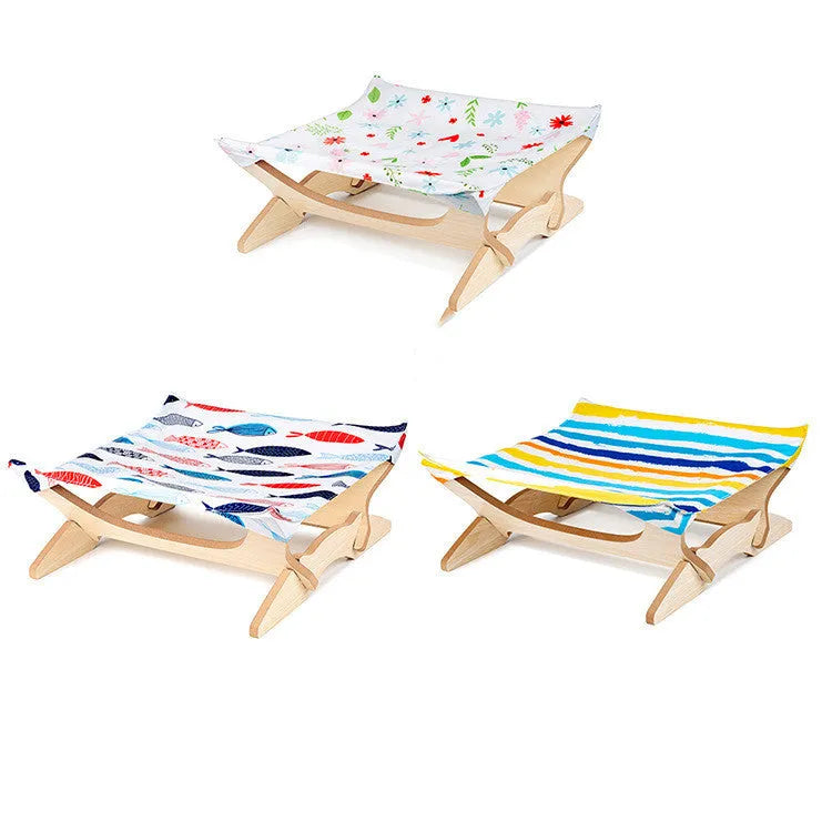 Pet wooden cat hammock with Passion Stripe cloth cover on a natural wood frame for indoor use