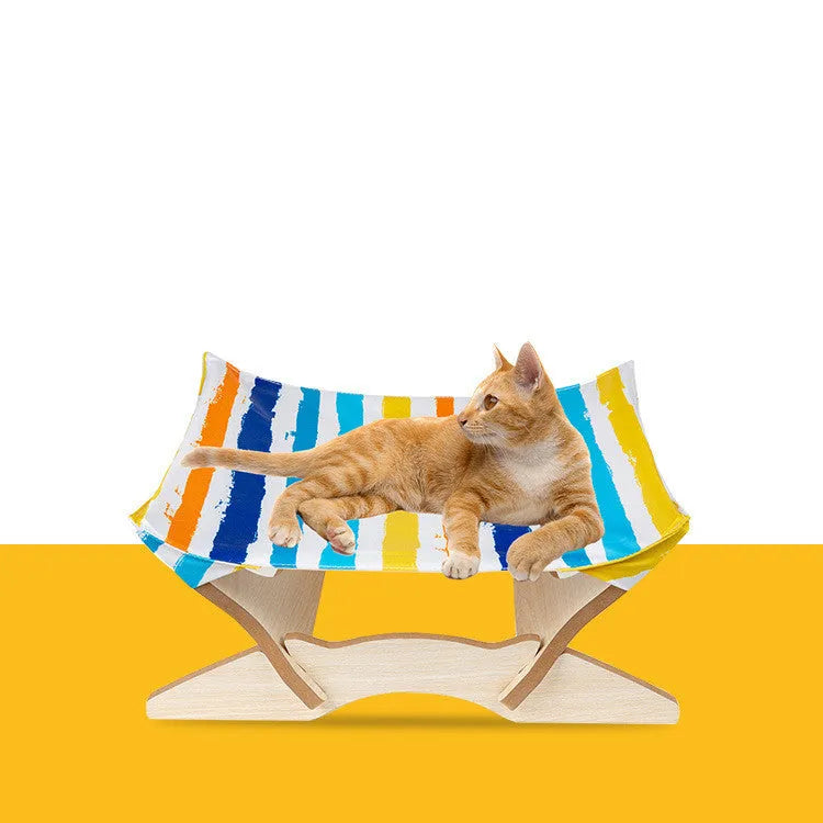 Pet wooden cat hammock with Passion Stripe cloth cover on a natural wood frame for indoor use