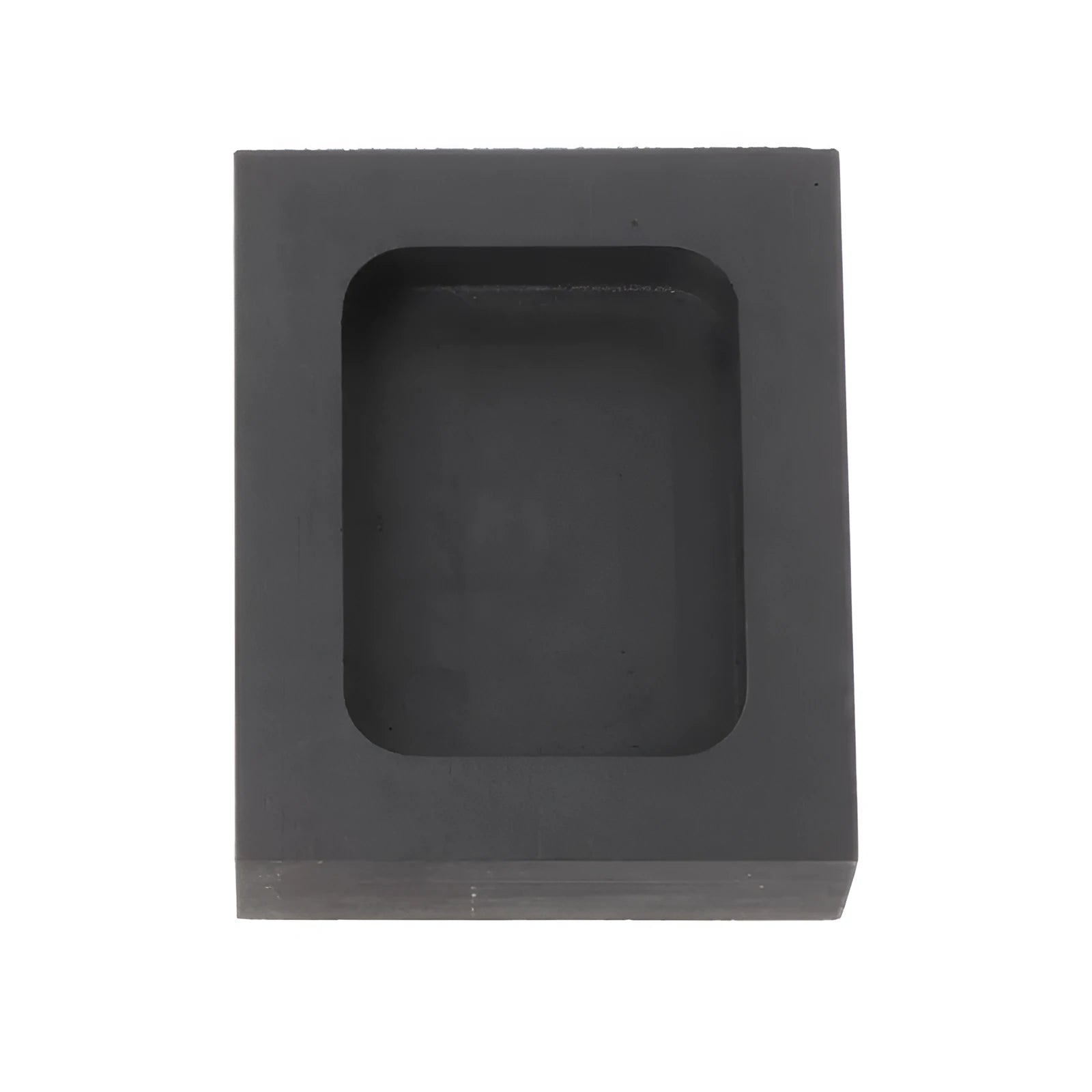 Square high-purity graphite crucible for melting gold, silver, and platinum on a work surface.