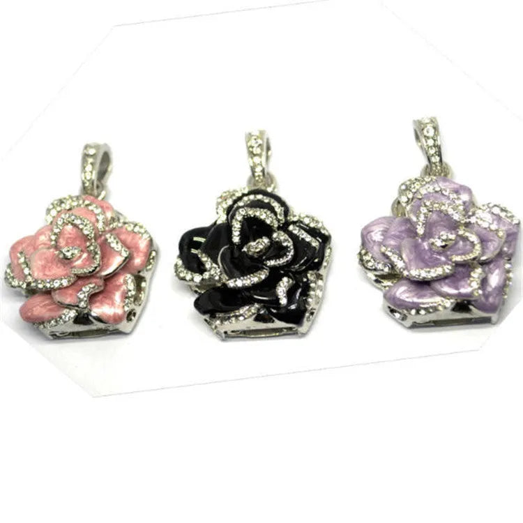 Diamond-studded metal rose USB flash drive with crystal jewels in blue, purple, or red