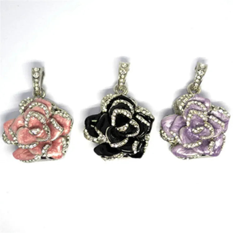 Diamond-studded metal rose USB flash drive with crystal jewels in blue, purple, or red