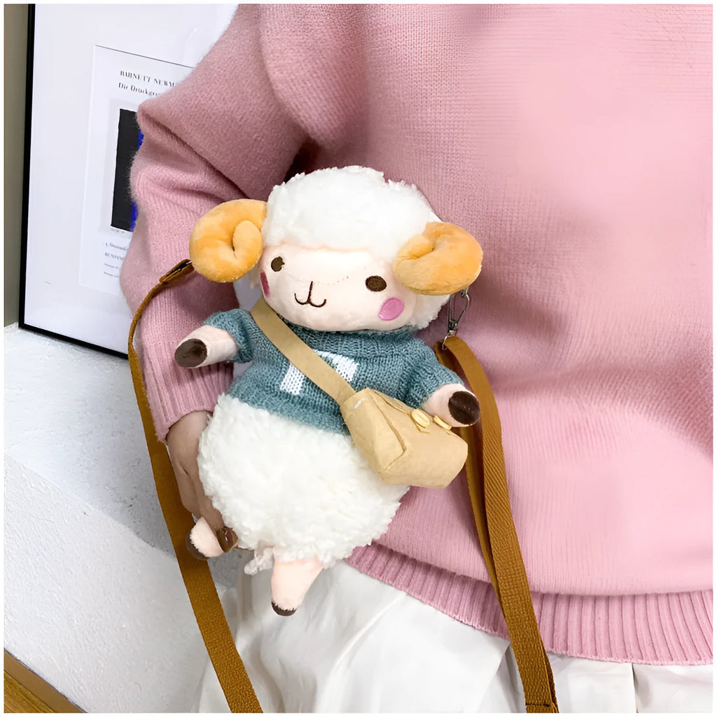 Little Sheep plush crossbody bag in blue with lamb pattern and zipper closure