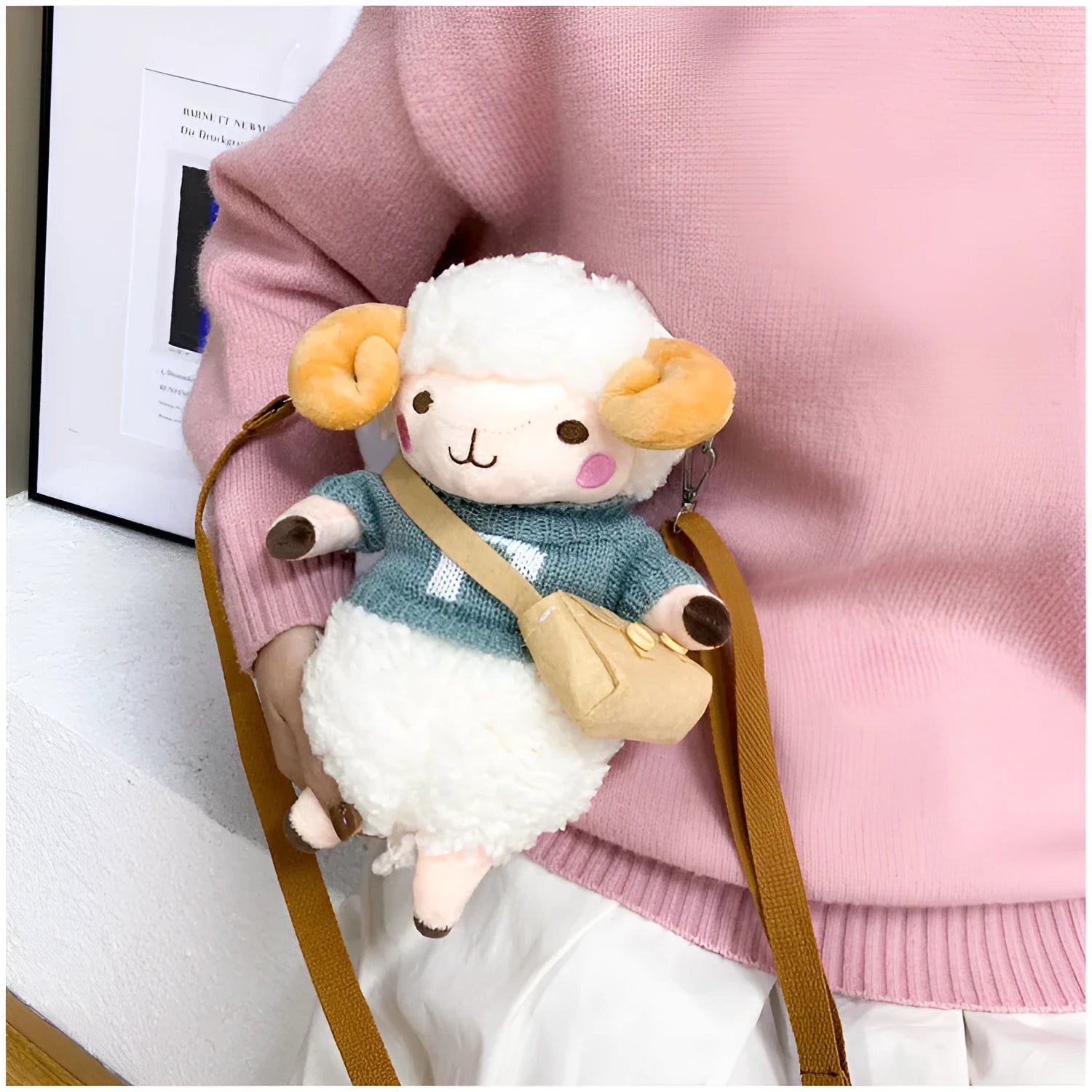Little Sheep plush crossbody bag in blue with lamb pattern and zipper closure