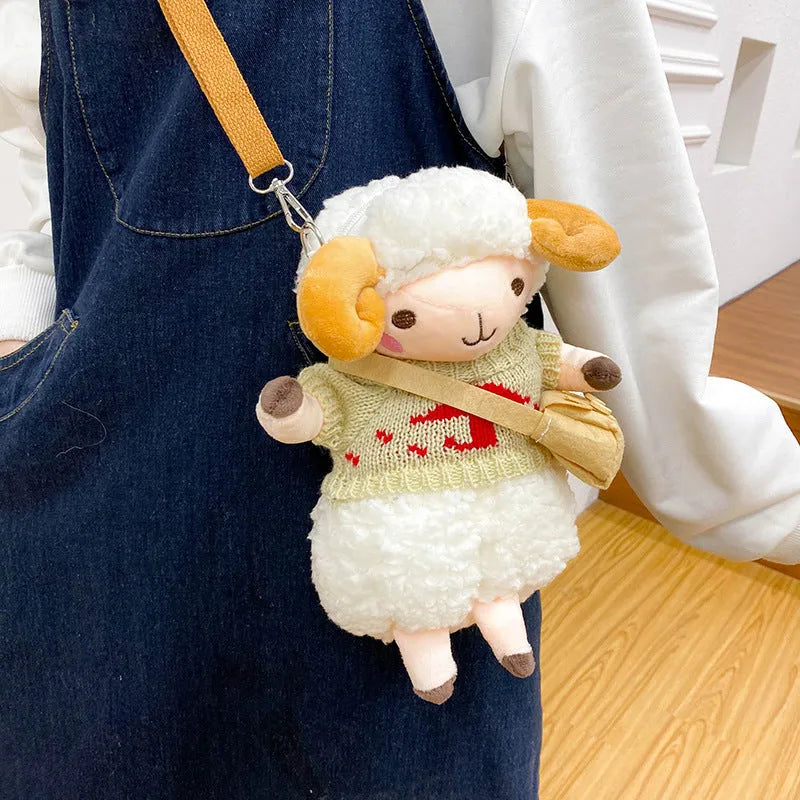Little Sheep plush crossbody bag in blue with lamb pattern and zipper closure