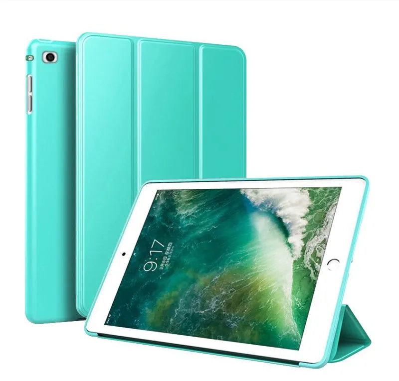 Black iPad Air 2 protective clamshell case with built-in silicone stand in open position.