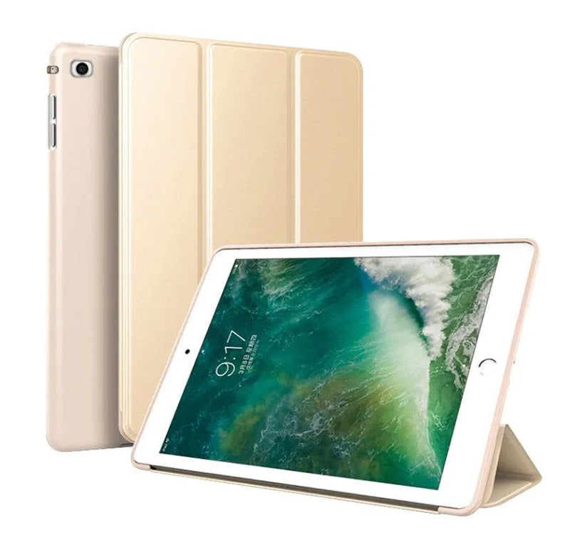 Black iPad Air 2 protective clamshell case with built-in silicone stand in open position.