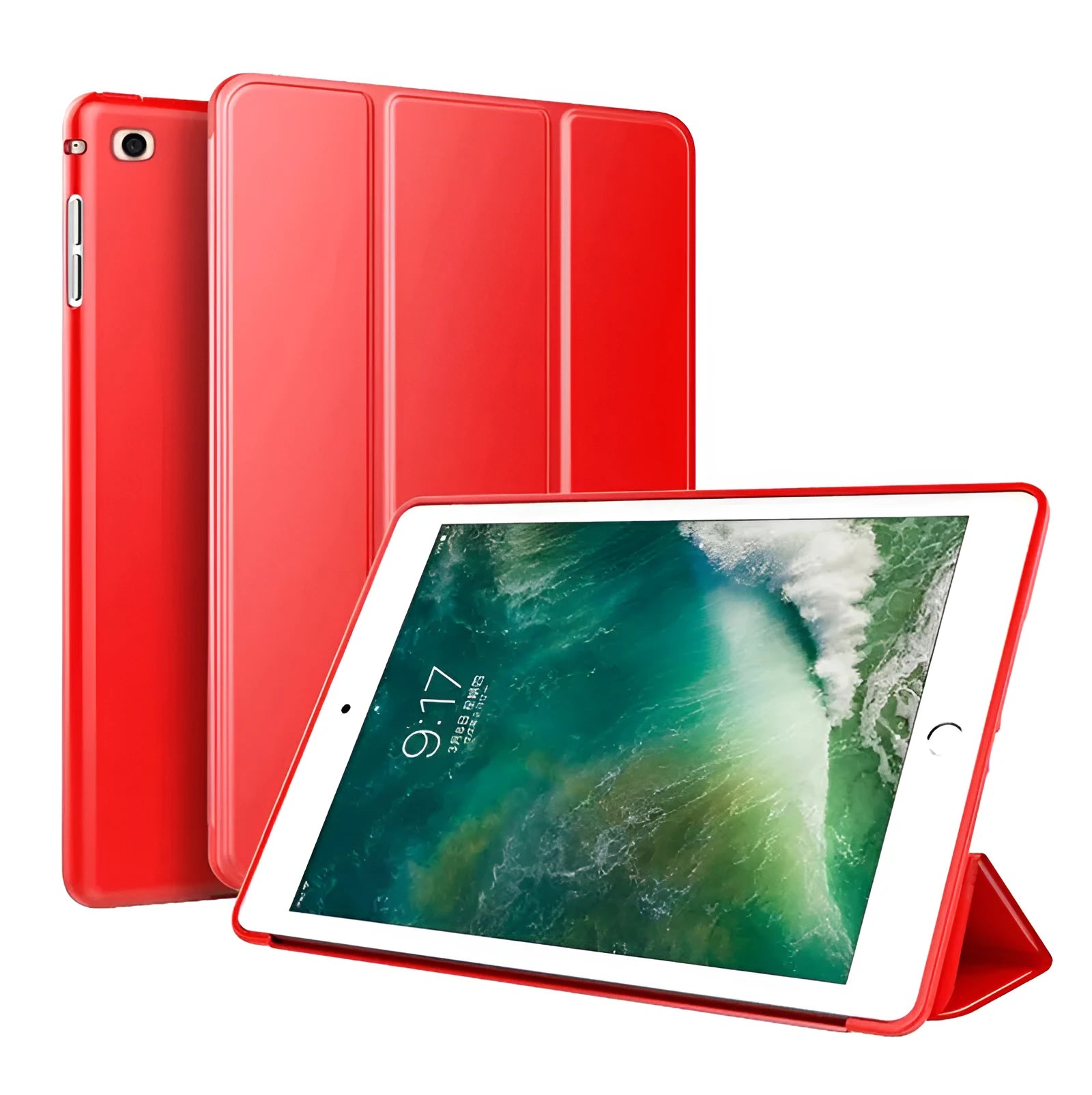 Black iPad Air 2 protective clamshell case with built-in silicone stand in open position.