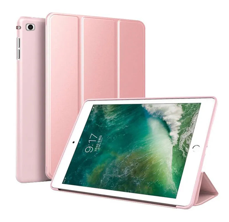 Black iPad Air 2 protective clamshell case with built-in silicone stand in open position.