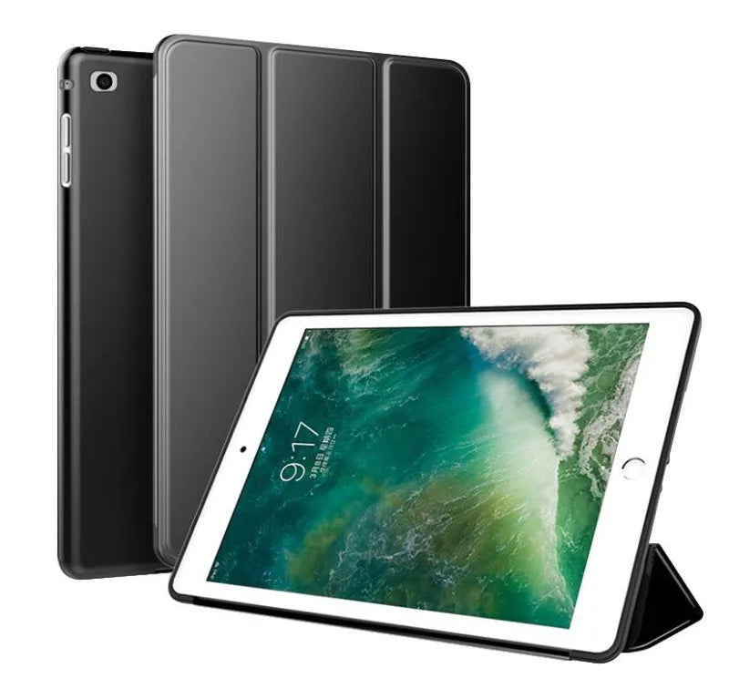Black iPad Air 2 protective clamshell case with built-in silicone stand in open position.