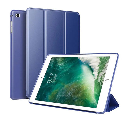 Black iPad Air 2 protective clamshell case with built-in silicone stand in open position.