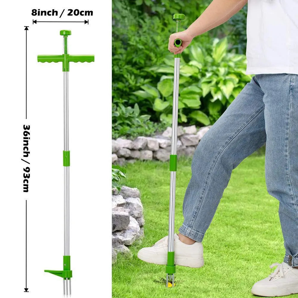Manual aluminium and plastic garden weeding tool, 50cm long, for digging and weed pulling.