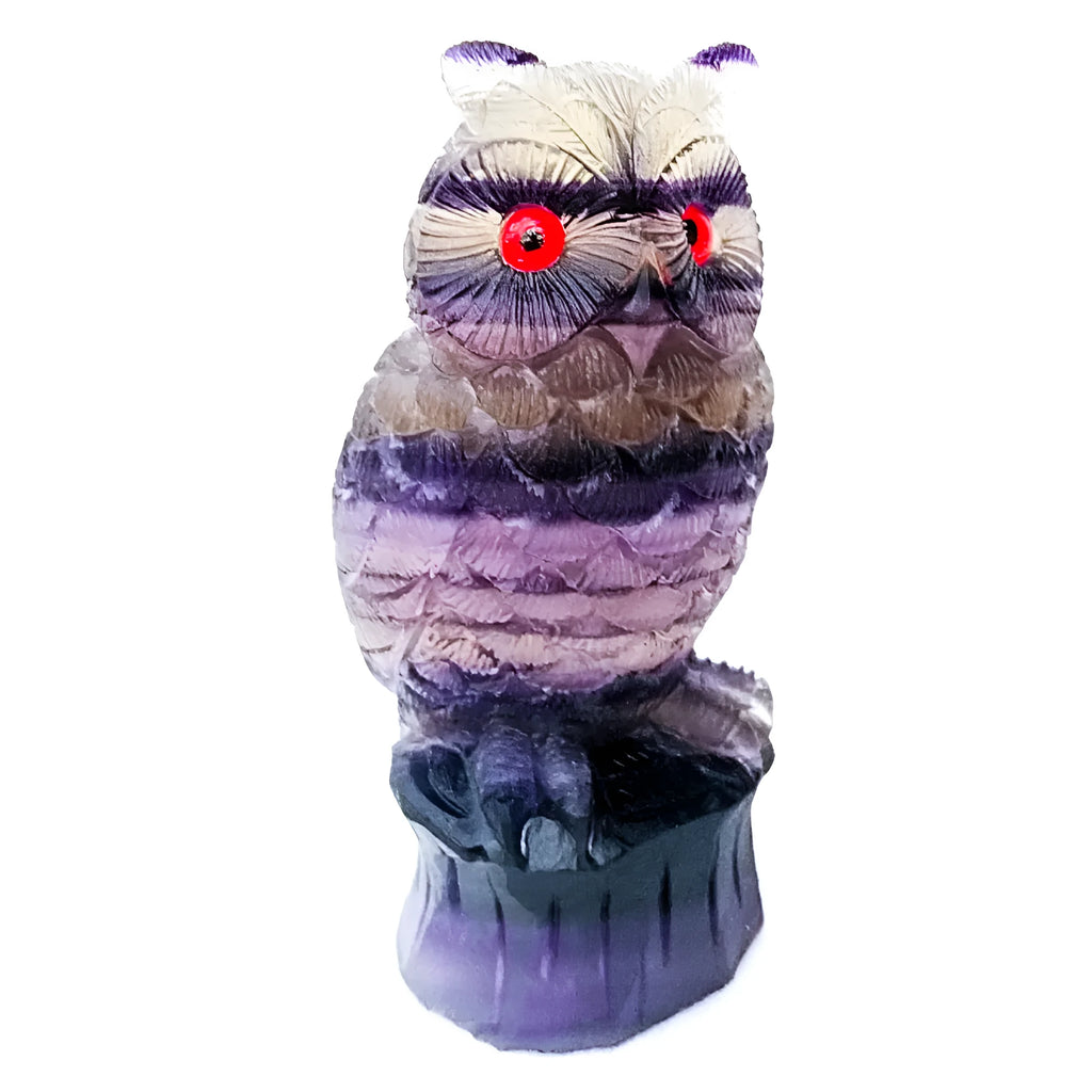Purple fluorite hand-carved owl ornament approximately 4 inches tall with natural stone colour variations