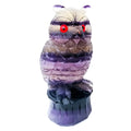 Purple fluorite hand-carved owl ornament approximately 4 inches tall with natural stone colour variations