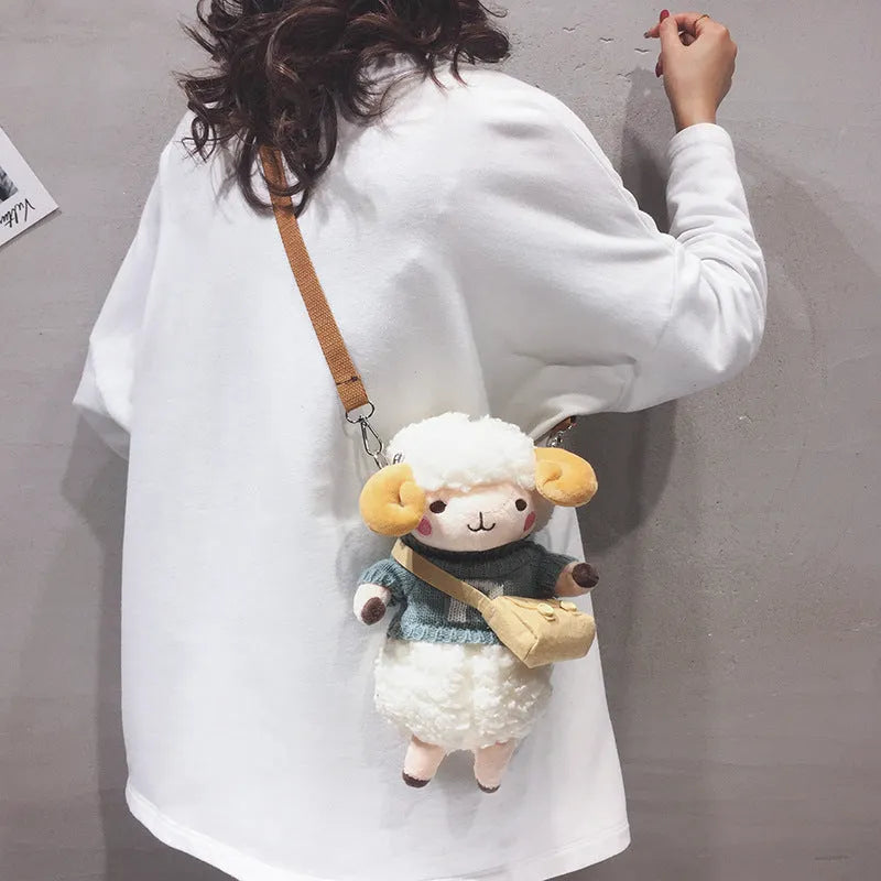 Little Sheep plush crossbody bag in blue with lamb pattern and zipper closure