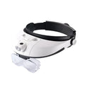 LED headband magnifier with five acrylic lenses and adjustable headband for hands-free close-up work