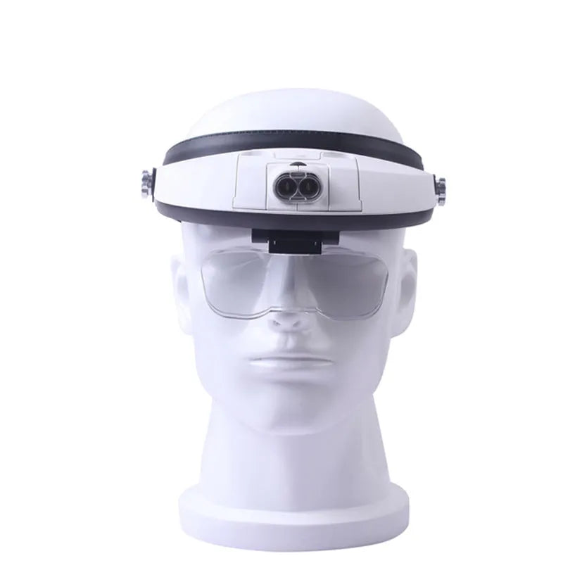 LED headband magnifier with five acrylic lenses and adjustable headband for hands-free close-up work