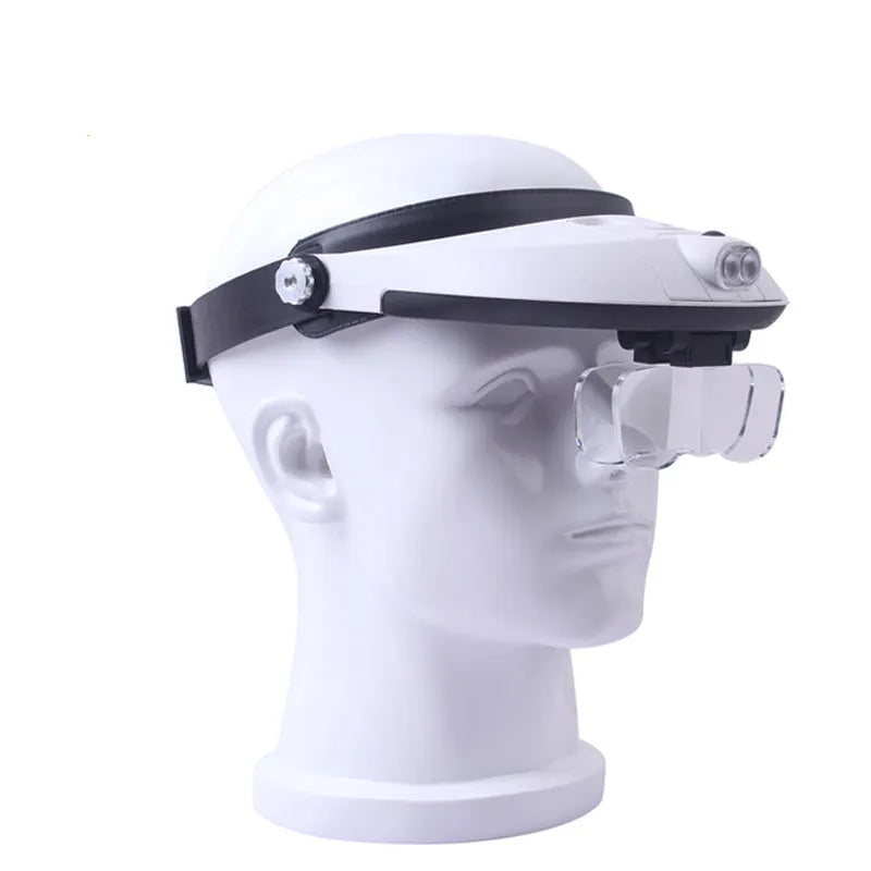 LED headband magnifier with five acrylic lenses and adjustable headband for hands-free close-up work