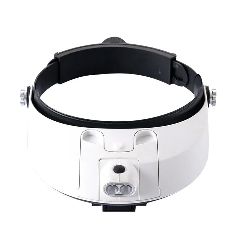LED headband magnifier with five acrylic lenses and adjustable headband for hands-free close-up work