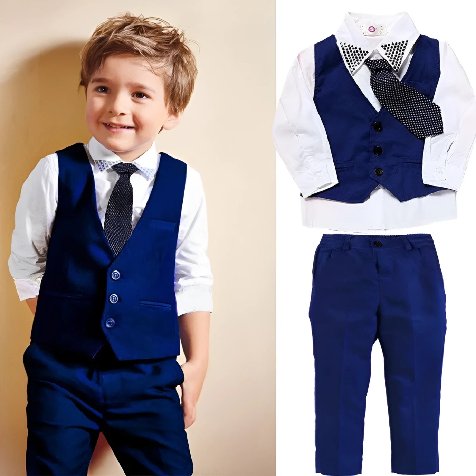 Blue boys' casual suit set with vest, turtleneck, tie and trousers
