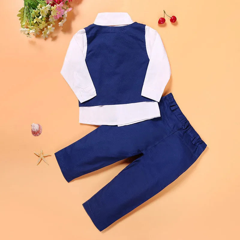 Blue boys' casual suit set with vest, turtleneck, tie and trousers