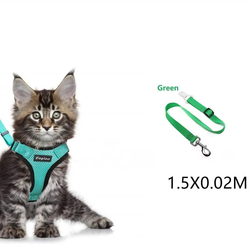 Escape proof reflective cat vest harness with car seat belt adapter for kittens