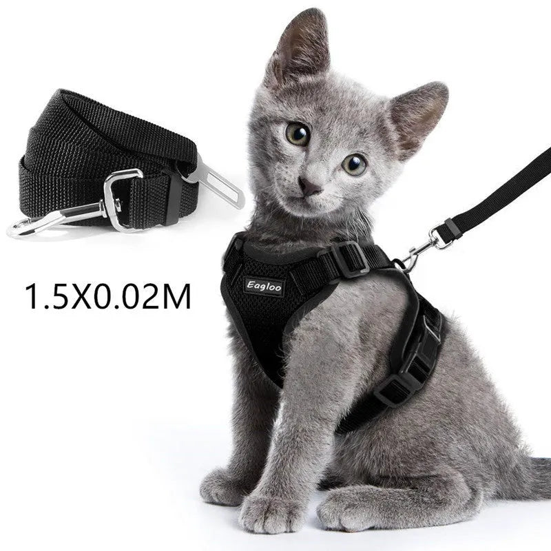 Escape proof reflective cat vest harness with car seat belt adapter for kittens