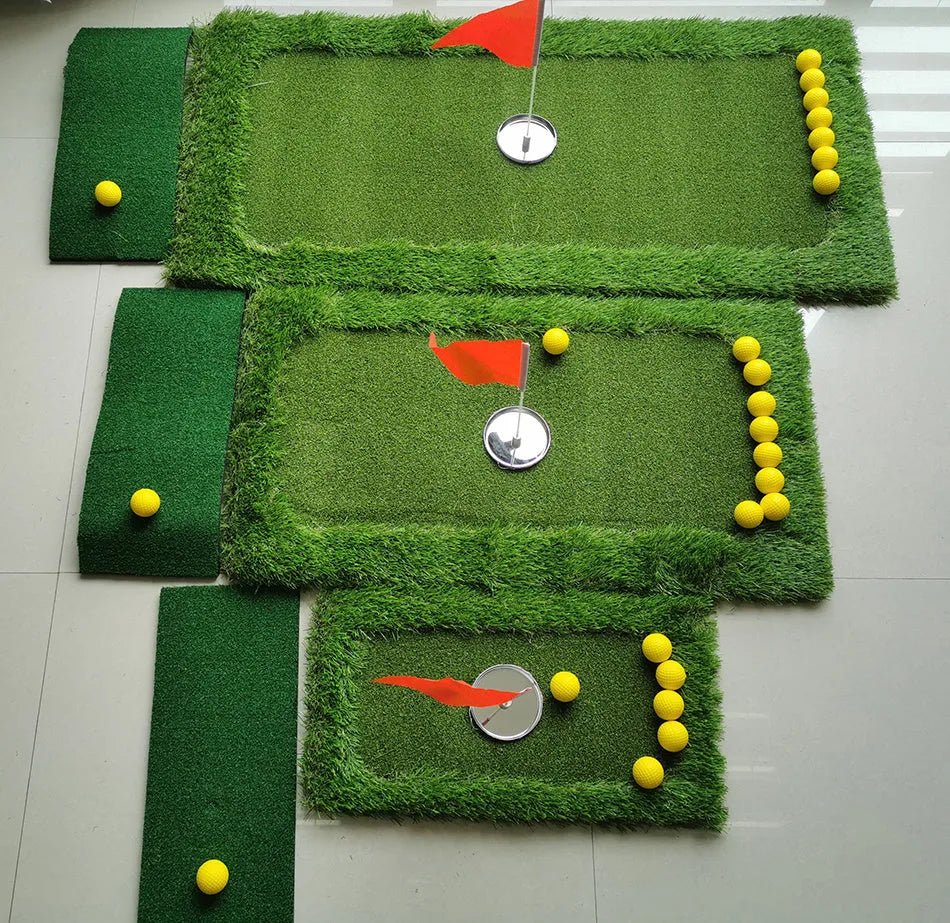 Green rectangular golf training mat with PP grass surface and cushioned EVA base, shown with a golf club.