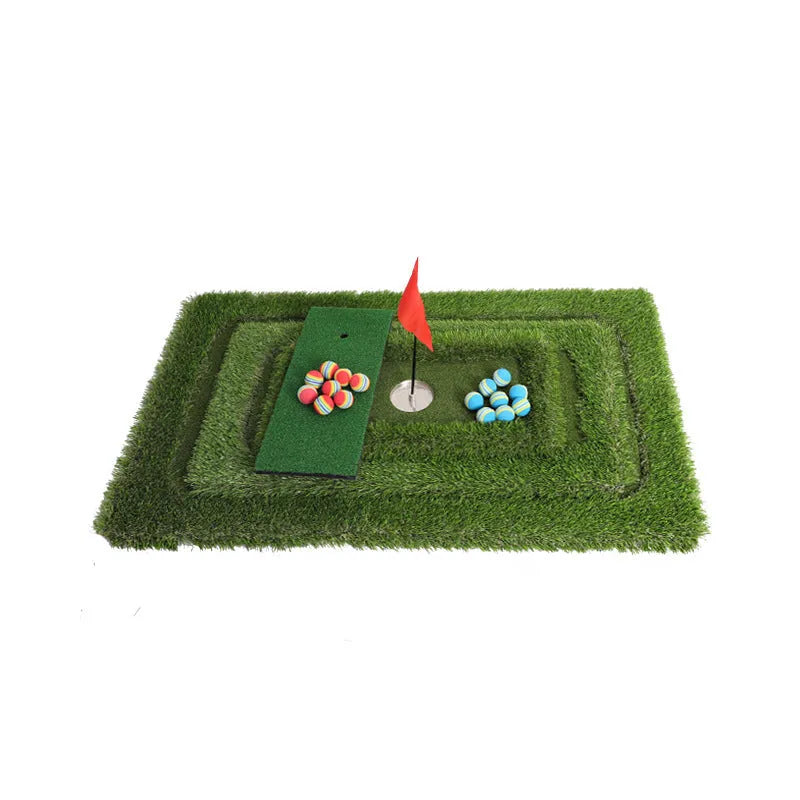 Green rectangular golf training mat with PP grass surface and cushioned EVA base, shown with a golf club.