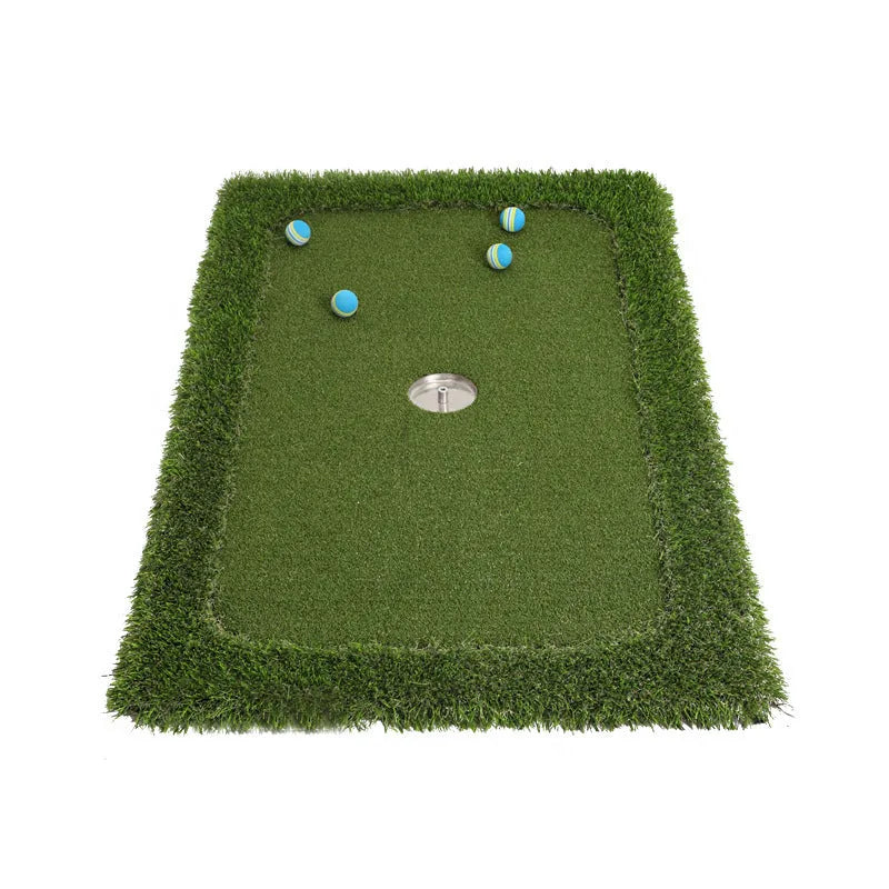 Green rectangular golf training mat with PP grass surface and cushioned EVA base, shown with a golf club.