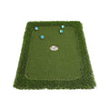 Green rectangular golf training mat with PP grass surface and cushioned EVA base, shown with a golf club.