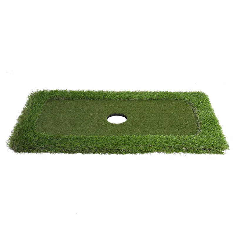 Green rectangular golf training mat with PP grass surface and cushioned EVA base, shown with a golf club.