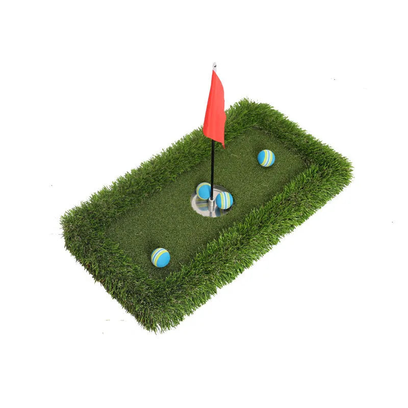 Green rectangular golf training mat with PP grass surface and cushioned EVA base, shown with a golf club.