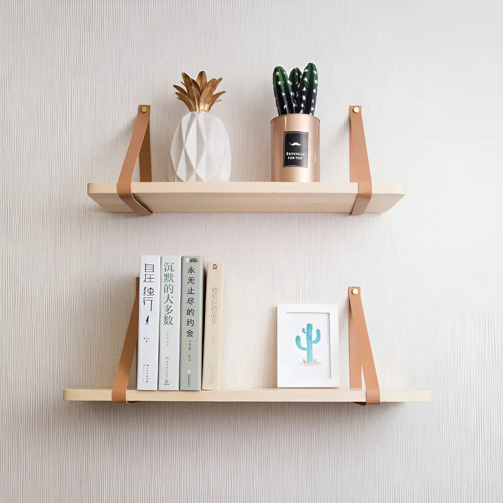 Natural pine wood wall-mounted shelf in Nordic style for organising remotes, books, and cosmetics.