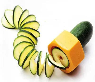 Yellow and green plastic spiral vegetable cutter for kitchen use with 8cm diameter measurements