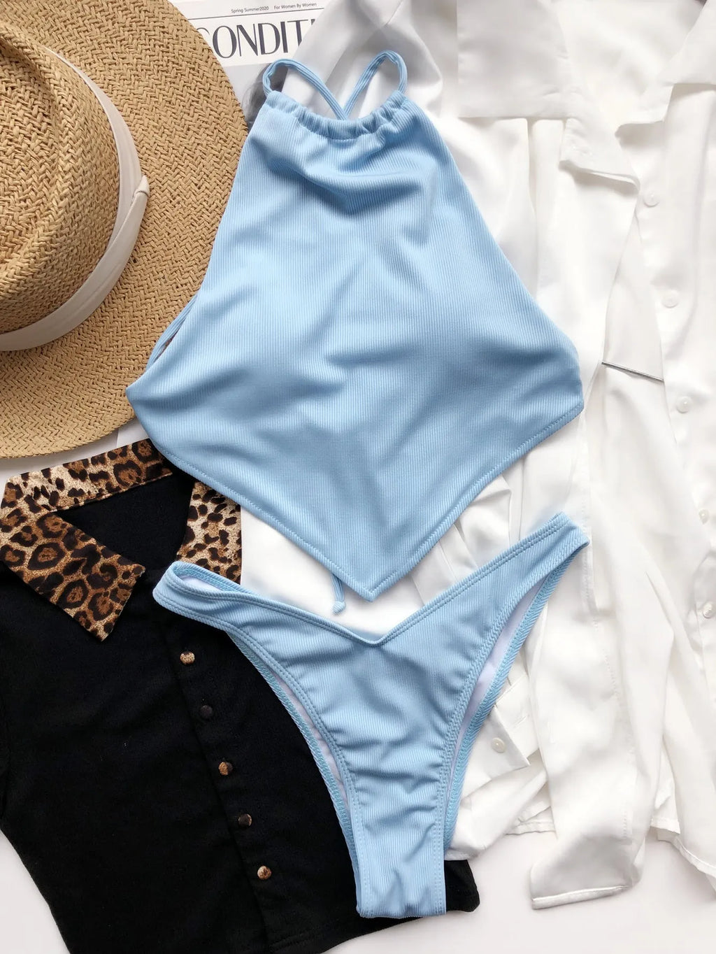 Sky blue high waist women's bikini set with chest pad, made from nylon blend for swimming