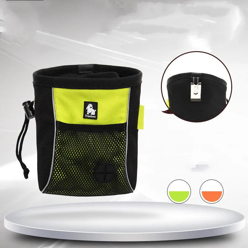 Orange dog training waist bag with adjustable buckle and removable waste compartment shown on waist