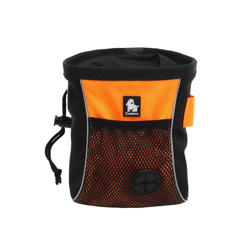Orange dog training waist bag with adjustable buckle and removable waste compartment shown on waist
