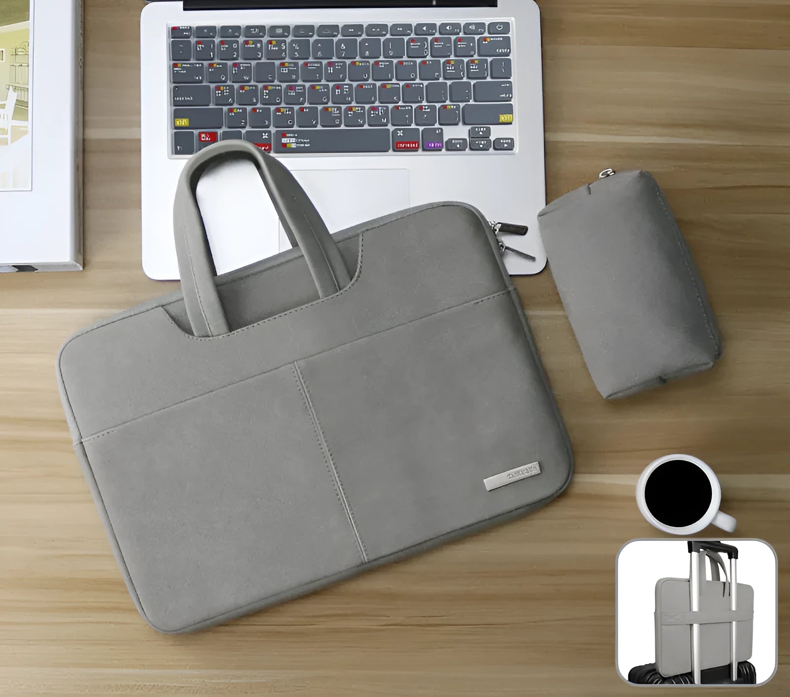 Blue PU leather laptop bag open showing internal organiser pockets for computer, phone, and ID.