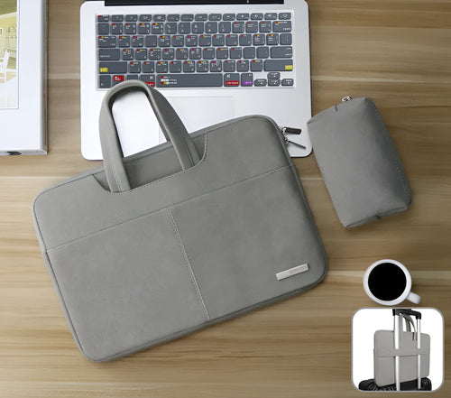 Blue PU leather laptop bag open showing internal organiser pockets for computer, phone, and ID.