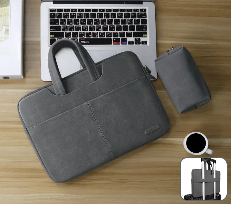 Blue PU leather laptop bag open showing internal organiser pockets for computer, phone, and ID.