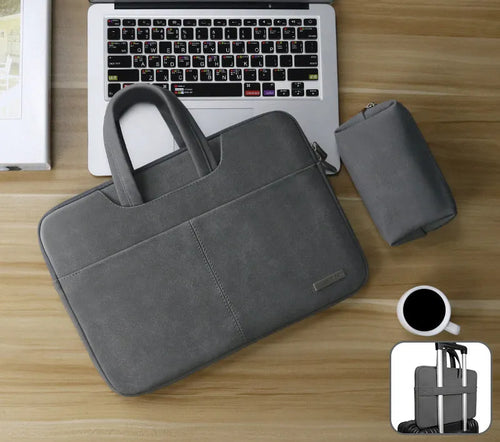 Blue PU leather laptop bag open showing internal organiser pockets for computer, phone, and ID.