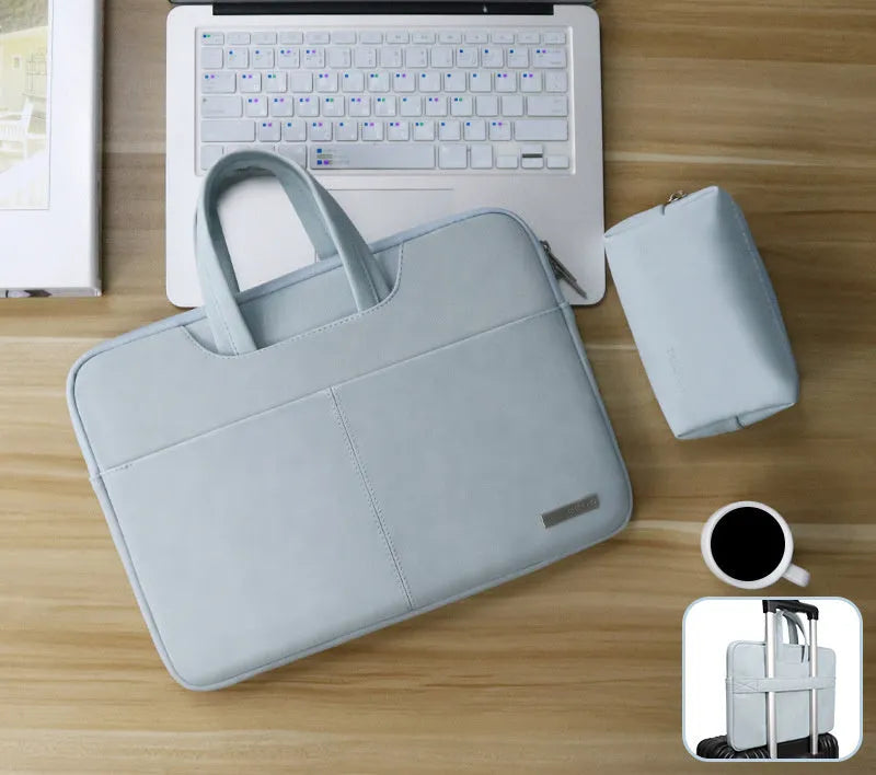 Blue PU leather laptop bag open showing internal organiser pockets for computer, phone, and ID.