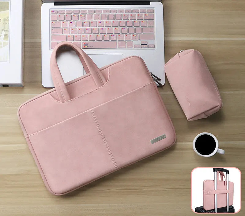 Blue PU leather laptop bag open showing internal organiser pockets for computer, phone, and ID.