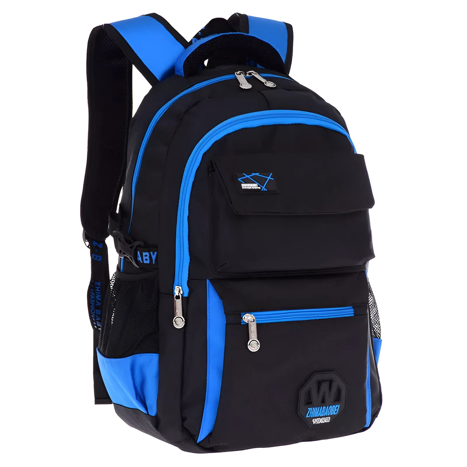 Green water-resistant nylon school backpack for students, showing side mesh pocket and multiple compartments.