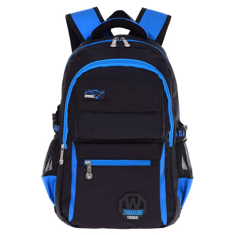 Green water-resistant nylon school backpack for students, showing side mesh pocket and multiple compartments.