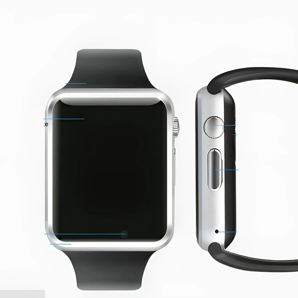 A1 smart watch with 1.54-inch touchscreen display shown in multiple colour options: black, silver, white, gold, pink, red, green, blue.